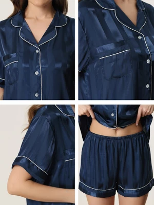 Cheibear Women's Satin Button Down Short Sleeve And Shorts Pajama Set - Image 4
