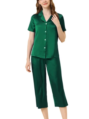 Cheibear Womens Pajama Sleepwear Button Down With Capri Pants Satin Lounge Pjs Set - Image 12