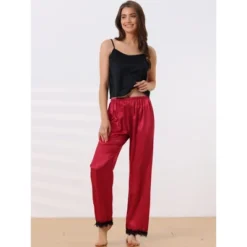 Cheibear Women's Satin Elastic Wide-leg Lace Trim Loungewear Long Sleep Pants