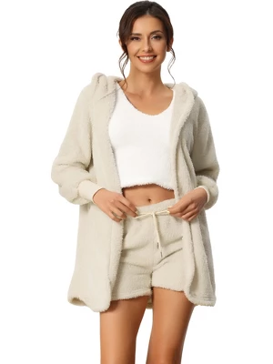 Cheibear Womens Fuzzy Fleece 3 Piece Outfits Pajamas Soft Coat Jacket And Crop Top With Shorts Lounge Set - Image 5