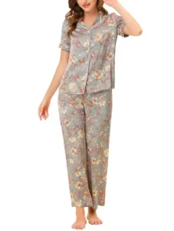 Cheibear Women's Silky Floral Short Sleeves Sleepshirt With Pants Pjs Set 2 Pcs