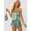 Cheibear Women's Satin Lounge Floral Cami Tops With Shorts Ruffled Pajamas Sets