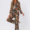 Cheibear Women's Satin Floral Button Down Long Sleeve Lounge Set 2 Pcs