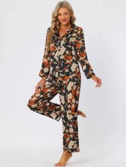 Cheibear Women's Satin Floral Button Down Long Sleeve Lounge Set 2 Pcs