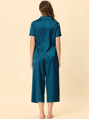 Cheibear Womens Pajama Sleepwear Button Down With Capri Pants Satin Lounge Pjs Set - Image 2