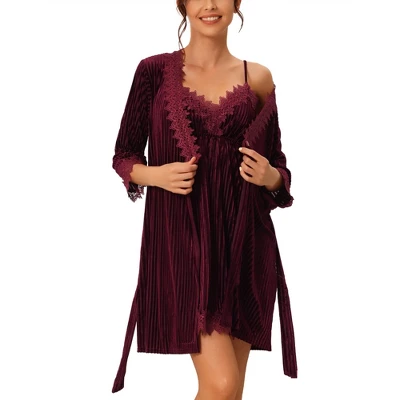 Cheibear Womens Velvet Nightgowns With Robe Lace Trim Loungewear Pajama Sets - Image 7