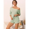 Cheibear Womens Casual Slant Shoulder Long Sleeve Top With Shorts Pajamas Set 2 Pcs