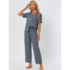 Cheibear Womens Pajama Sets Short Sleeve Shirt Long Pant Sleevewear Nightshirt PJ Set
