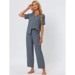 Cheibear Womens Pajama Sets Short Sleeve Shirt Long Pant Sleevewear Nightshirt PJ Set