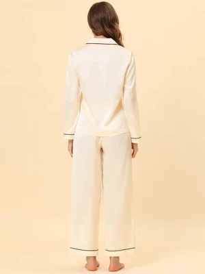 Cheibear Womens Pajama Lounge Sleepwear Button Down Tops And Pants Satin Pjs Set - Image 2