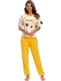 Cheibear Womens Sleepwear Crew Neck Cute Print With Pants Loungewear Pajama Set