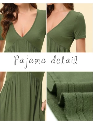 Cheibear Womens Pajama Dress Nightdress V Neck Soft Stretchy Lounge Nightgown - Image 3