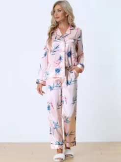 Cheibear Womens Satin Silky Floral Pajama Set Button Down Long Sleeve Shirt Pants Sleepwear 2pcs