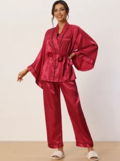 Cheibear Womens Satin Sleepwear Bell Sleeve Robe With Pants Silky Pajama Sets