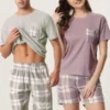 Cheibear Men's Sleepwear Short Sleeve T-Shirt With Shorts Plaid Couple Pajama Sets