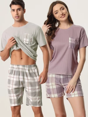 Cheibear Women's Sleepwear Short Sleeve T-Shirt With Shorts Plaid Couple Pajama Sets