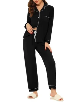 Cheibear Women's Long Sleeves Pants Nightwear Button Down Lounge Pajamas Set
