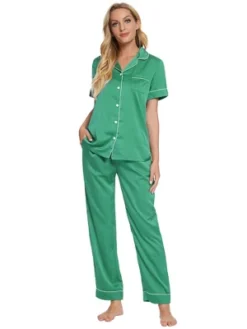 Cheibear Womens Sleepwear Buton Down With Pants Nightwear Lounge 2pcs Pajama Set