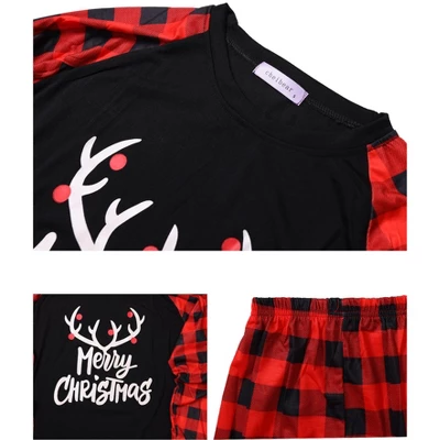 Cheibear Christmas Deer Loungewear Long Sleeves Tee Plaid Pants 2 Piece Family Pajama Sets - Image 3