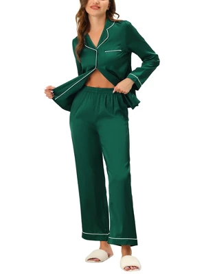 Cheibear Womens Pajama Lounge Sleepwear Button Down Tops And Pants Satin Pjs Set - Image 6