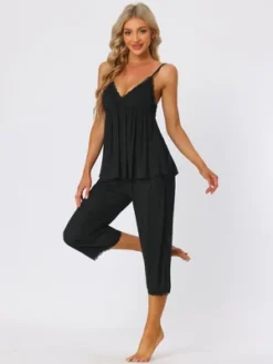 Cheibear Womens Sleepwear Modal V-Neck Camisole With Capri Pants Pajama Set