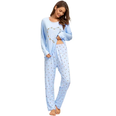 Cheibear Womens Sleepwear Lounge Heart Print With Pants Long Sleeve Pajama Set