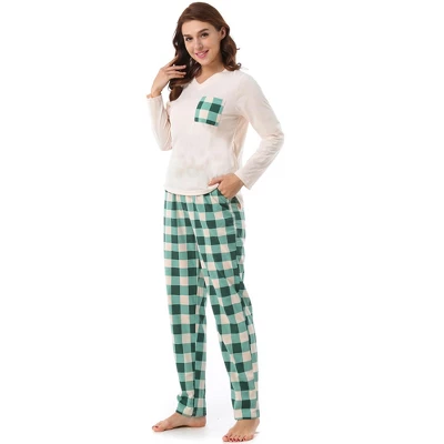 Cheibear Womens Sleepwear Plaid Long Sleeve Shirt And Pants Soft Loungewear Set