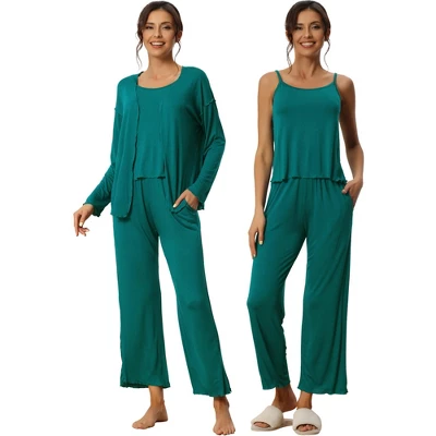Cheibear Womens Modal Knit Soft Long Sleeve Cardigan Cami And Pants Pajama Set 3 Pcs - Image 6