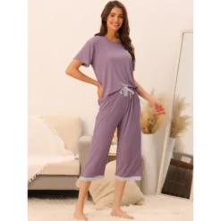 Cheibear Women's Modal Loose Summer Lace Trim Short Sleeve Carpri Pajama Set