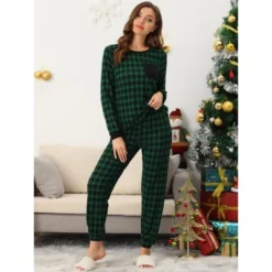 Cheibear Women's Soft Long Sleeves Winter Lounge Plaid Pajamas Sets Loungewear