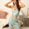 Cheibear Womens Satin Pajamas Cowl Neck Sleeveless Crop Cami Sleepwear With Pants Sliky Lounge Set