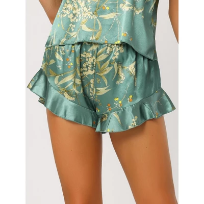 Cheibear Women's Satin Lounge Floral Cami Tops With Shorts Ruffled Pajamas Sets - Image 3