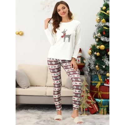 Cheibear Women's Sleepwear Lounge Elk Christmas Winter Long Sleeves With Pants Pajama Sets