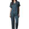 Cheibear Womens Satin Button Down Short Sleeve Long Pants Pajama Set