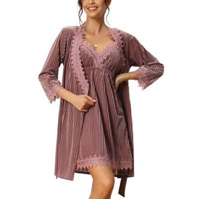 Cheibear Womens Velvet Nightgowns With Robe Lace Trim Loungewear Pajama Sets - Image 6