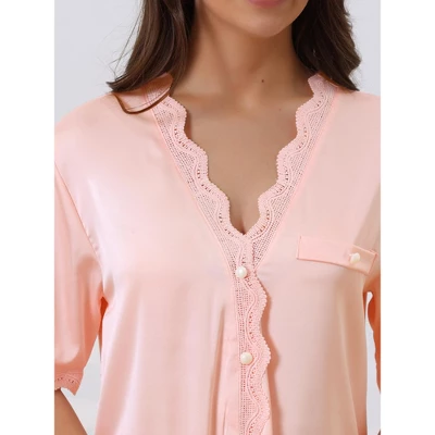 Cheibear Womens Satin Pajama Dress Button Down Silky Short Sleeves Nightgowns - Image 3