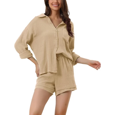 Cheibear Women's Button Down Long Sleeve Sleepwear Shirt With Shorts Casual Lounge Sets - Image 9