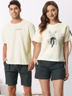 Cheibear Men's Sleepwear Short Sleeve T-Shirt With Shorts Cute Print Couple Pajama Sets