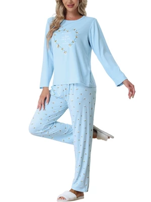 Cheibear Womens Sleepwear Lounge Heart Print With Pants Long Sleeve Pajama Set - Image 5