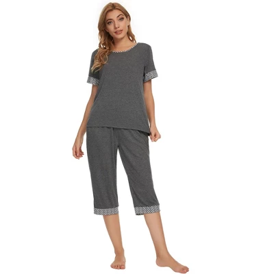 Cheibear Womens Round Neck Pajama Set With Capri Pants Casual Lounge Sleepwear - Image 2