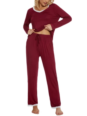 Cheibear Womens Lounge Sets V Neck Lace Nightwear With Pants Loungewear Pajamas - Image 5