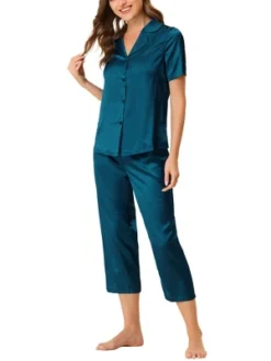 Cheibear Womens Pajama Sleepwear Button Down With Capri Pants Satin Lounge Pjs Set