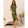 Cheibear Women's V Neck Short Sleeve Long Nightgown Lounge Dress With Pocket