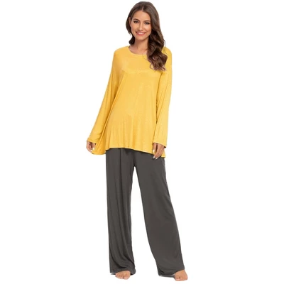 Cheibear Womens Pajama Set Soft Modal Contrast Color Long Sleeve Shirt And Pants Sleepwear 2pcs - Image 2