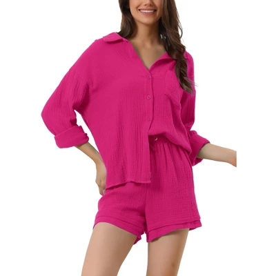 Cheibear Women's Button Down Long Sleeve Sleepwear Shirt With Shorts Casual Lounge Sets - Image 6
